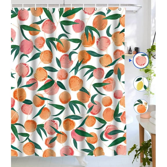 Peach Shower Curtain, Allover Fruits Cute Bright Colorful Design Waterproof Fabric Bathroom Curtains Set with 12 Hooks, Peachy Pink 72×72 inch