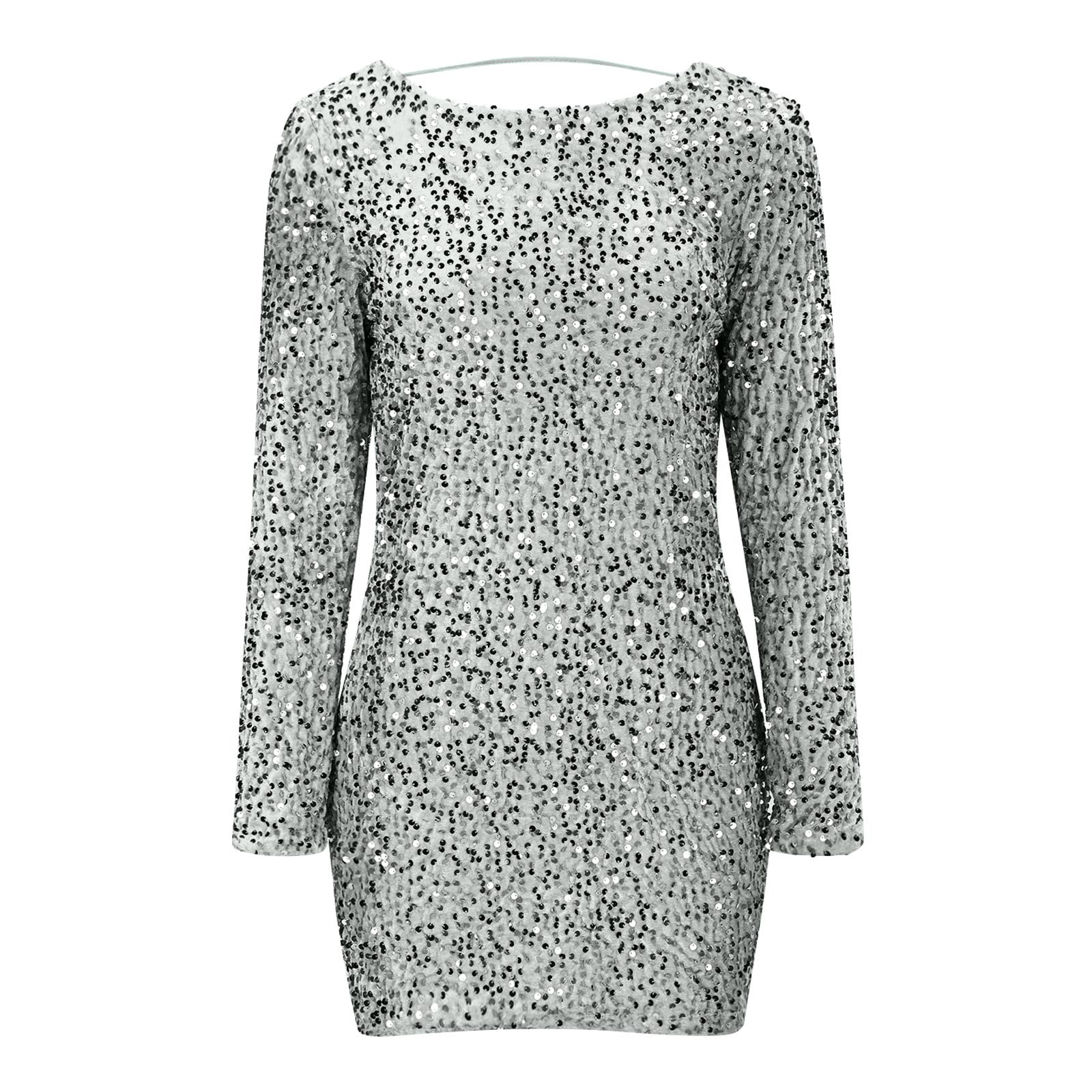 hotojiny Cocktail Dresses for Women Sparkly Long Sleeve Sequins Party Mini Dress Clubwear Trendy Summer Pencil Dress