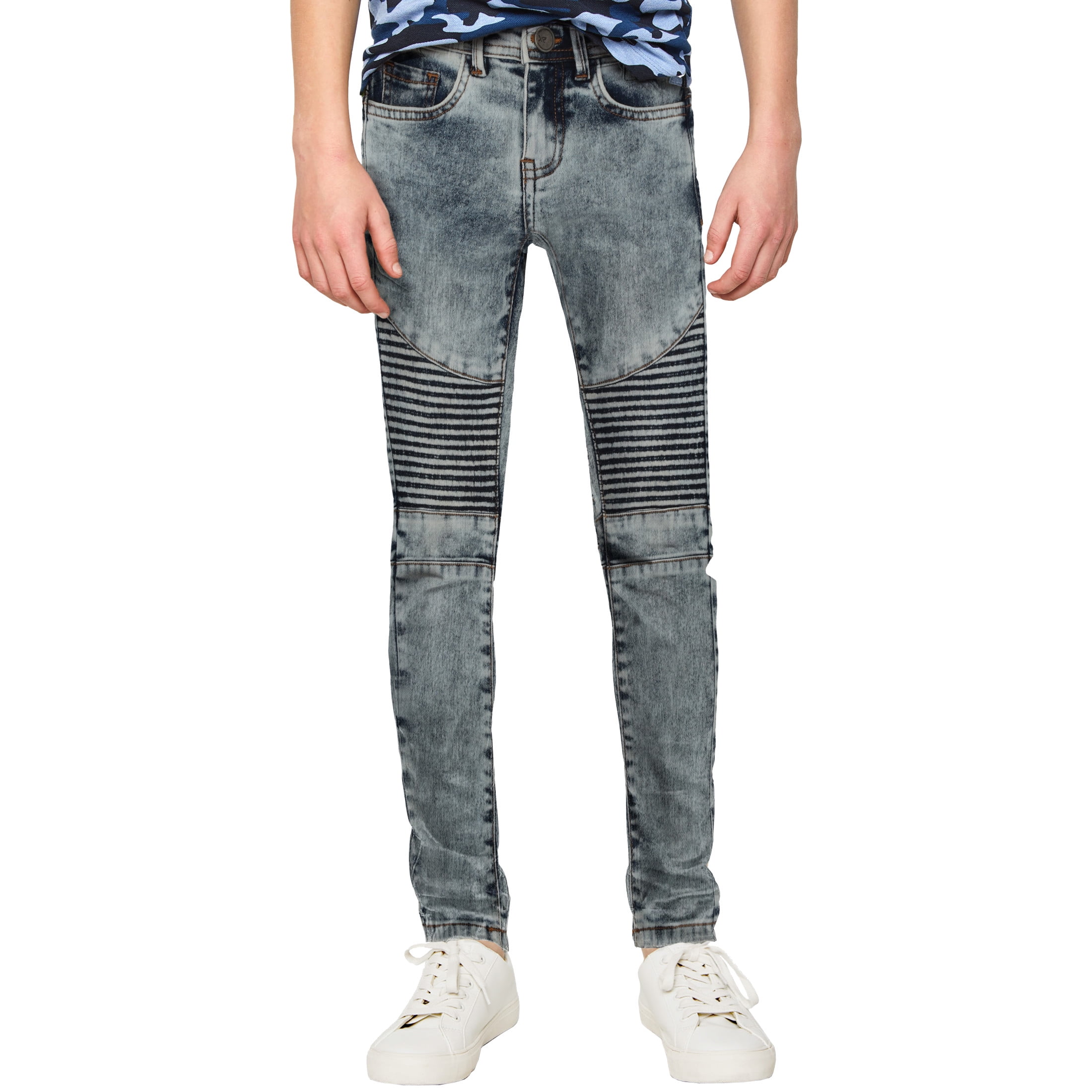 VICTORIOUS Ribbed Thigh Layered Knee Slim Fit Moto Jeans - Distressed Biker Style With Stretch