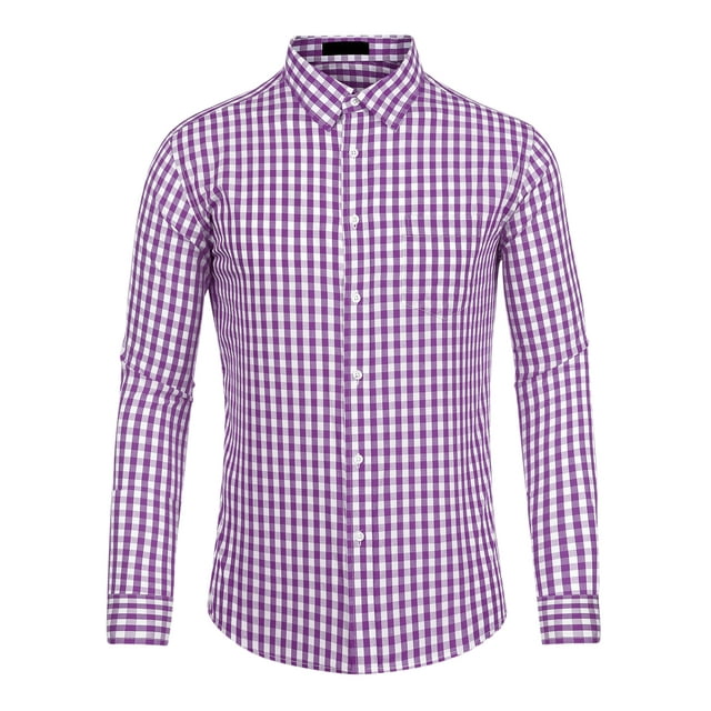 Camisa a cuadros para hombre, ajuste regular, con botones, manga larga, vestido, camisas a cuadros Blanco morado L