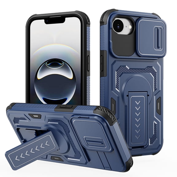 Case for iPhone 16e / iPhone 17e, Hybrid TPU PC Protective Cover with Sliding Camera Cover, Kickstand Anti-Slip Hard Back, Drop Protection Phone Case for iPhone 16e / 17e, Blue