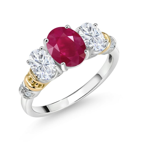 Gem Stone King 925 Sterling Silver and 10K Yellow Gold Oval Red Ruby White Moissanite and White Diamond 3 Stone Ring for Women (2.63 Cttw, Gemstone July Birthstone, Size 6)