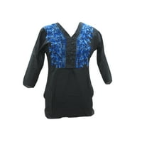 Mogul Womens Short Kurti Blue Embroidered Cotton Black Top Blouse