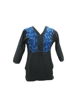 Mogul Womens Short Kurti Blue Embroidered Cotton Black Top Blouse