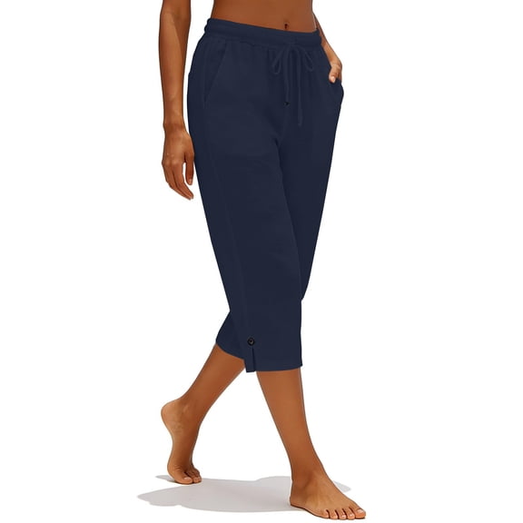 Cotton Linen Capri Pants for Women Loose Fit Straight Leg Drawstring Elastic Waist Cropped Pant Casual Summer Clothes Navy S