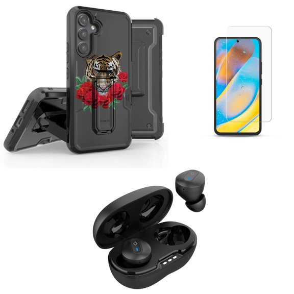 Accessories for Samsung Galaxy A54 5G - Belt Holster Kickstand Rugged Case (Tiger Rose Flowers), Screen Protectors, Premium Wireless Earbuds, TWS with Charging Case