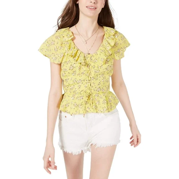 Planet Gold Womens Juniors' Printed Ruffled Peplum Top (Medium, Yellow Cream)