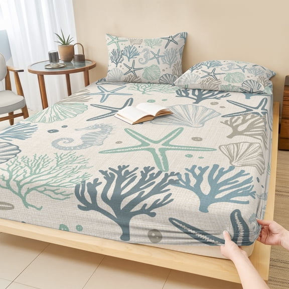 Cal.King Size Fitted Sheet Set - Aqua Teal Coastal 3 Piece Bedding Sets 16" Deep Pocket Fitted Sheet with 2 Pillowcases, Summer Beach Starfish Coral Nautical Rustic Brushed Microfiber Bed Sheets