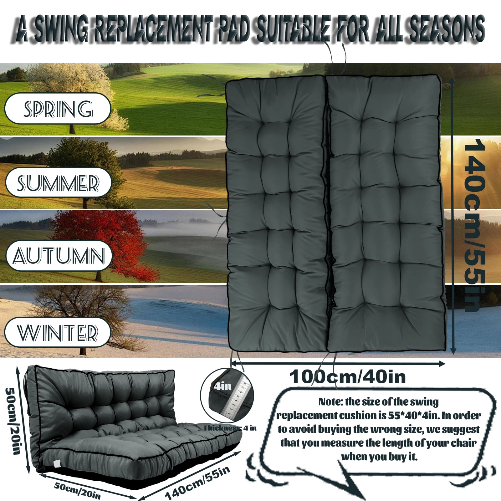 Replacement Cushions for Outdoor Swing, Swing Replacement Cushions Thicken 4" with Backrest, Waterproof Bench Cushions for Patio Furniture Porch Swing Cushions (Dark Gray)