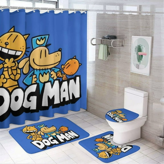 DogMan 4 Pcs Shower Curtain Set, Anime Shower Curtain with 12 Hooks, Non-Slip Rugs, Toilet Lid Cover and Bath Mat for Bathroom Decor, Bathroom Sets Decorations 72" x 72"
