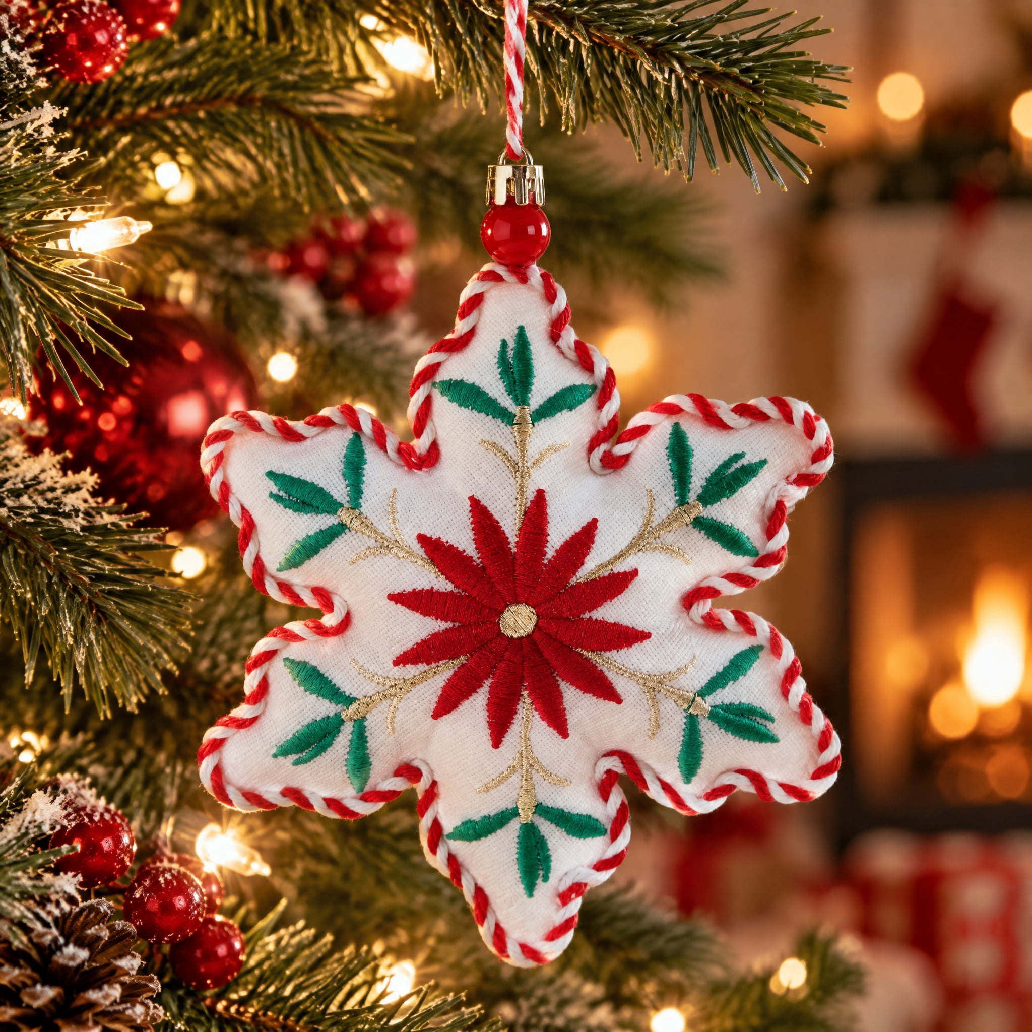 Multicolor Fabric Poinsettia Snowflake Christmas Ornament, 6.5", by Holiday Time