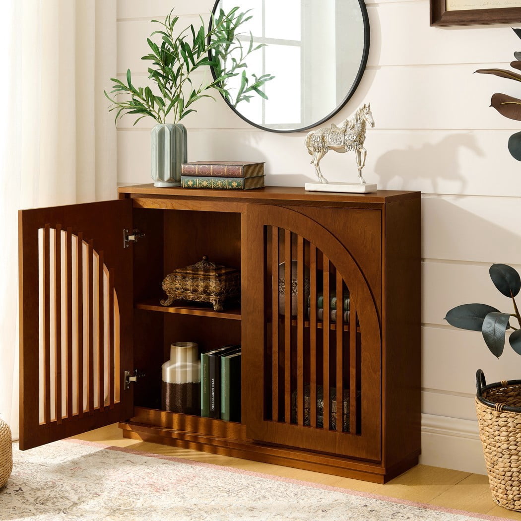Mid Century Modern Fluted Sideboard Cabinet, Buffet Cabinet with 2 Outlet Holes, Storage Cabinet for Living Room, Entryway, Kitchen & Coffee Bar, Walnut
