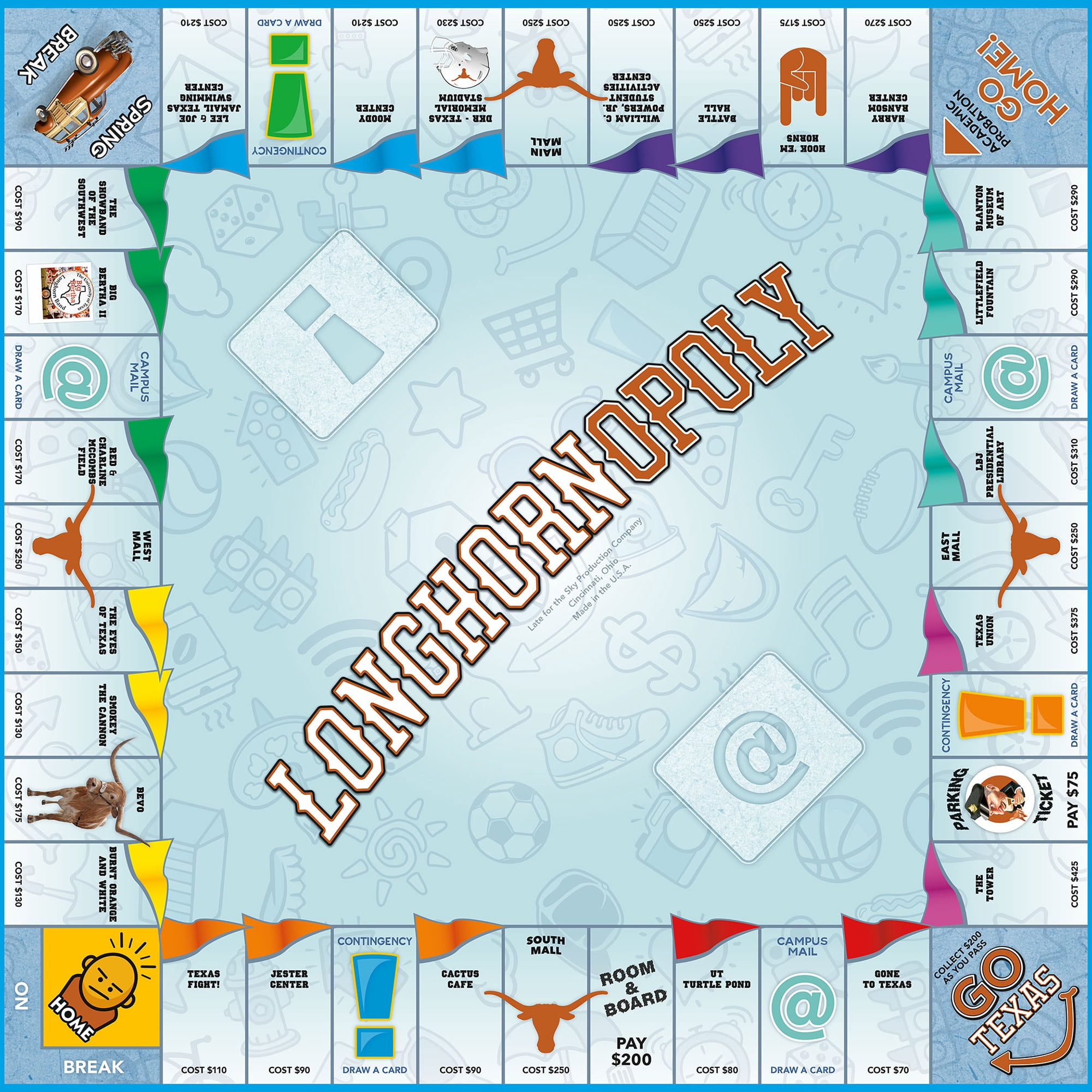 Late For The Sky: Longhorn-Opoly - University of Texas Themed Family Board Game, Opoly-Style, Traditional Play Or 1 Hr Version, Ages 8+, 2-5 Players