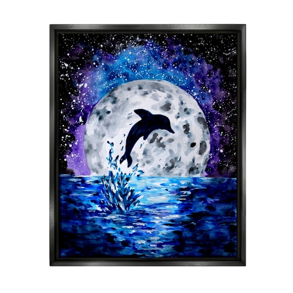 Stupell Industries Dolphin Full Moon Splash Animals & Insects Painting Black Floater Framed Art Print Wall Art, 17 x 21