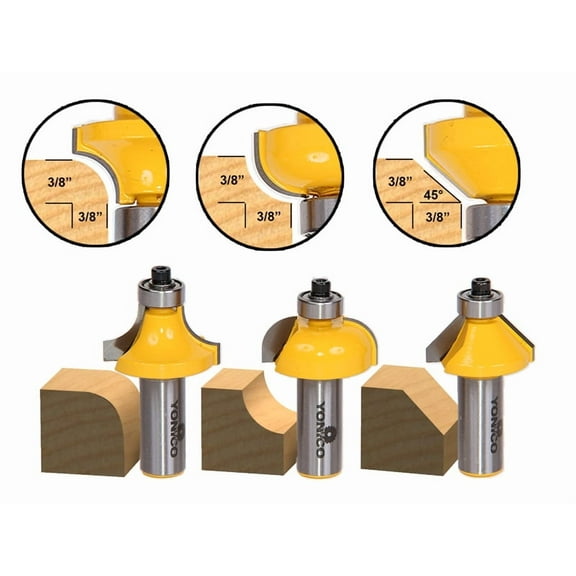 Yonico 3 Bit Edging Router Bit Set - Medium Round over Cove & Chamfer - 13311