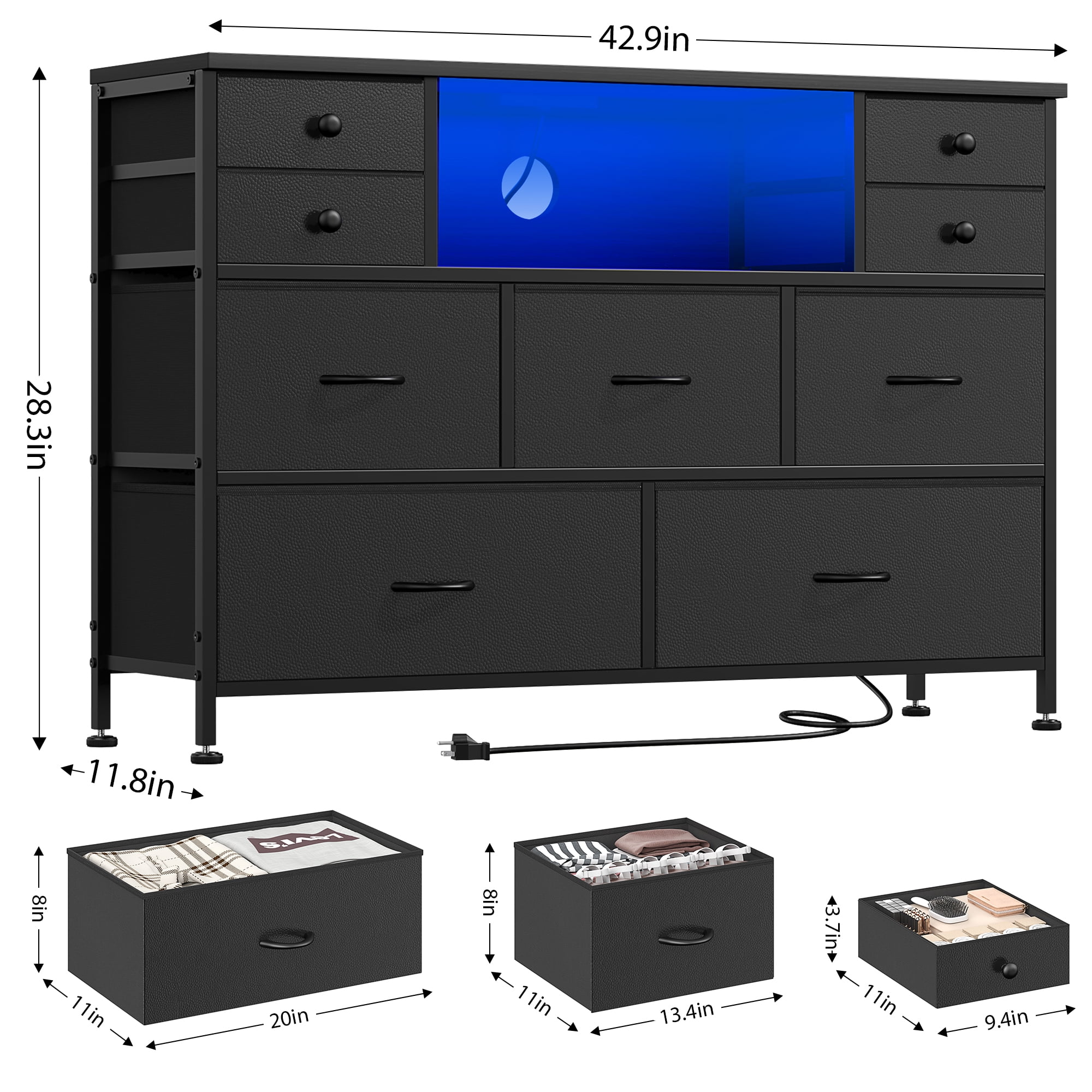 GIKPAL Dresser TV Stand for Bedroom, Black Dresser with LED Lights and Charging Station, Modern Dressers Chest of Drawers with 9 Storage Drawers for Living Room