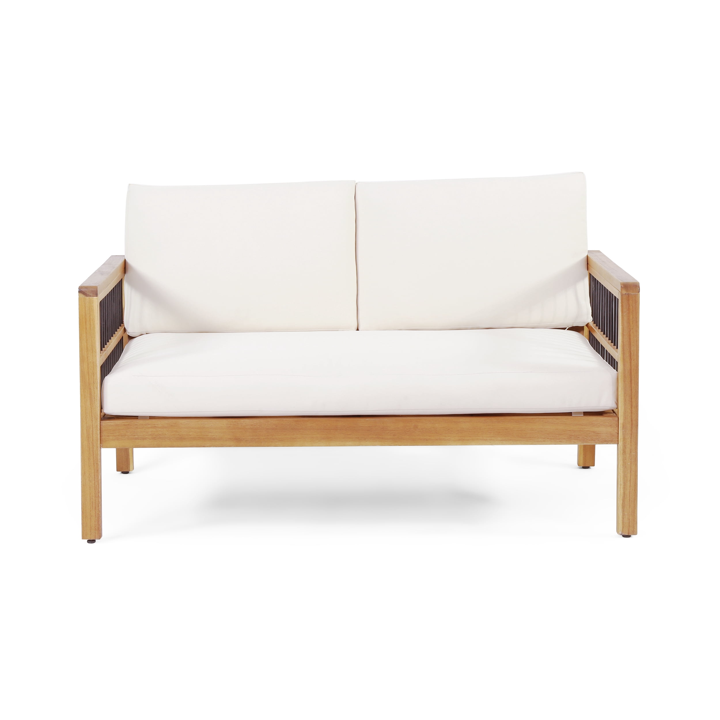 Outdoor Loveseat and Coffee Table Set with Acacia Wood and Cushions, Patio Furniture Set and Garden Seating with 3 Cushions, Teak Black Beige