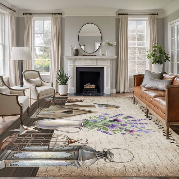Vintage Flowers Area Rugs 6'x9', Washable Small Throw Rugs for Kitchen Dining room, Birds Retro Art Elegant Farmhouse Indoor Outdoor Rug Non-Slip Low Pile Carpet Runner Reversible Floor Mats