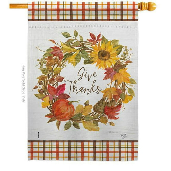 Breeze Decor  Give Thanks Wreath House Flag Fall Harvest & Autumn 28 x 40 in. Double-Sided Decorative Vertical Flags for Decoration Banner Garden Yard Gift