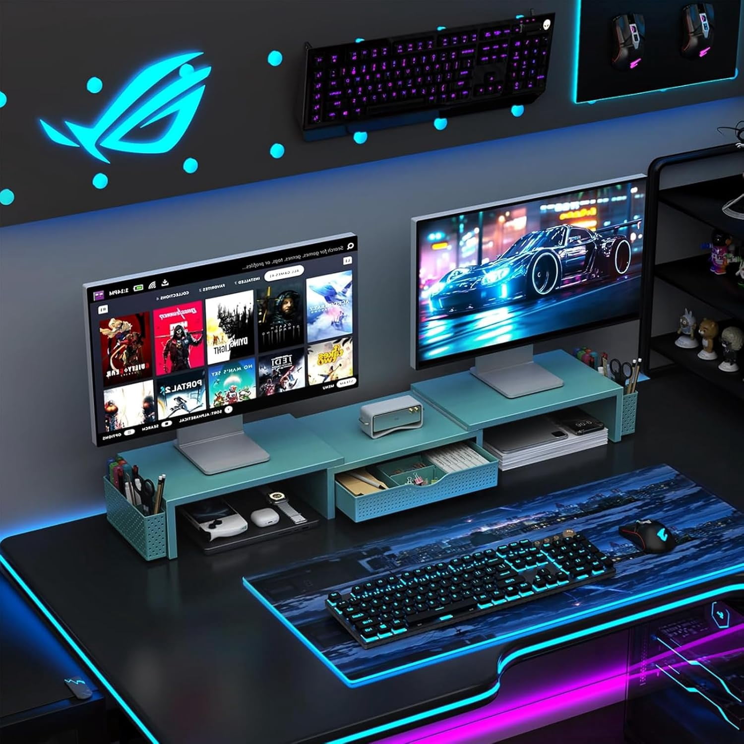 Dual Monitor Stand Riser with Drawer and Pen Holders, Wooden Desk Shelf Organizer for Computer Monitor