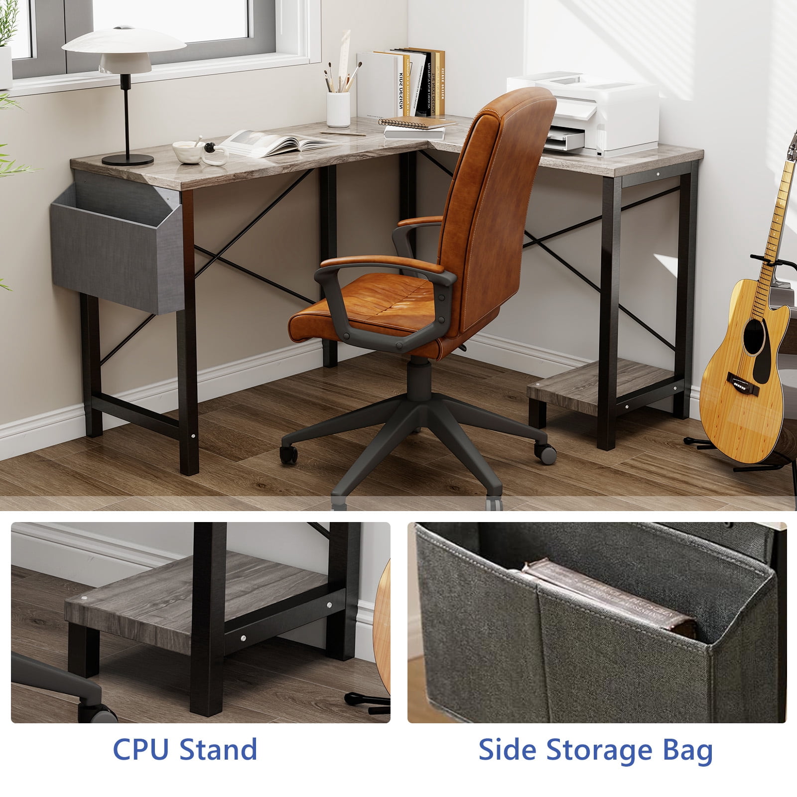 L Shaped Desk, 50 inch Reversible Corner Computer Desk with Storage Shelf & Side Bag, Home Office Working Workstation Gaming Table, Gray