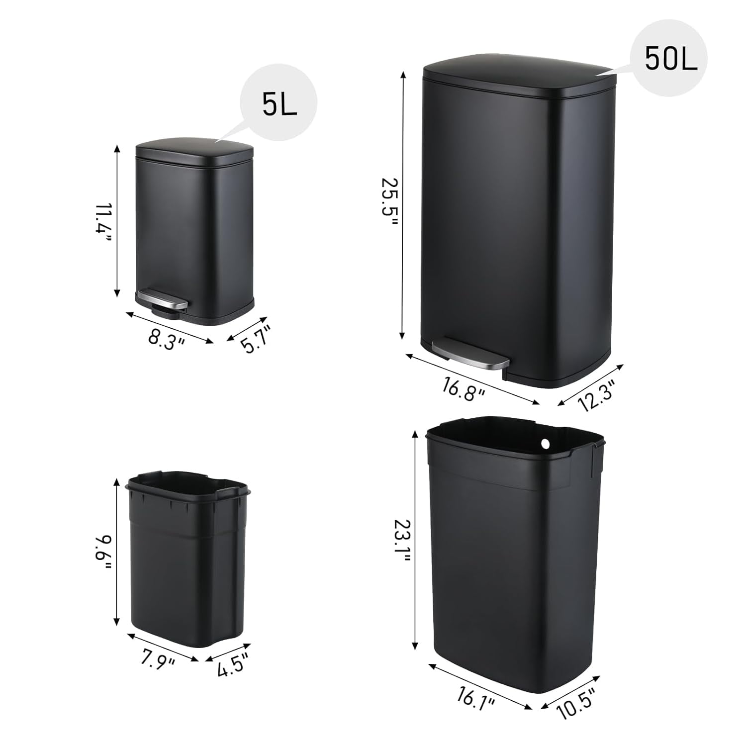Arlopu 13.2 + 1.3 Gallon Stainless Steel Trash Can Combo, Rectangular Kitchen Garbage Can with Soft Close Lid for Home Bathroom