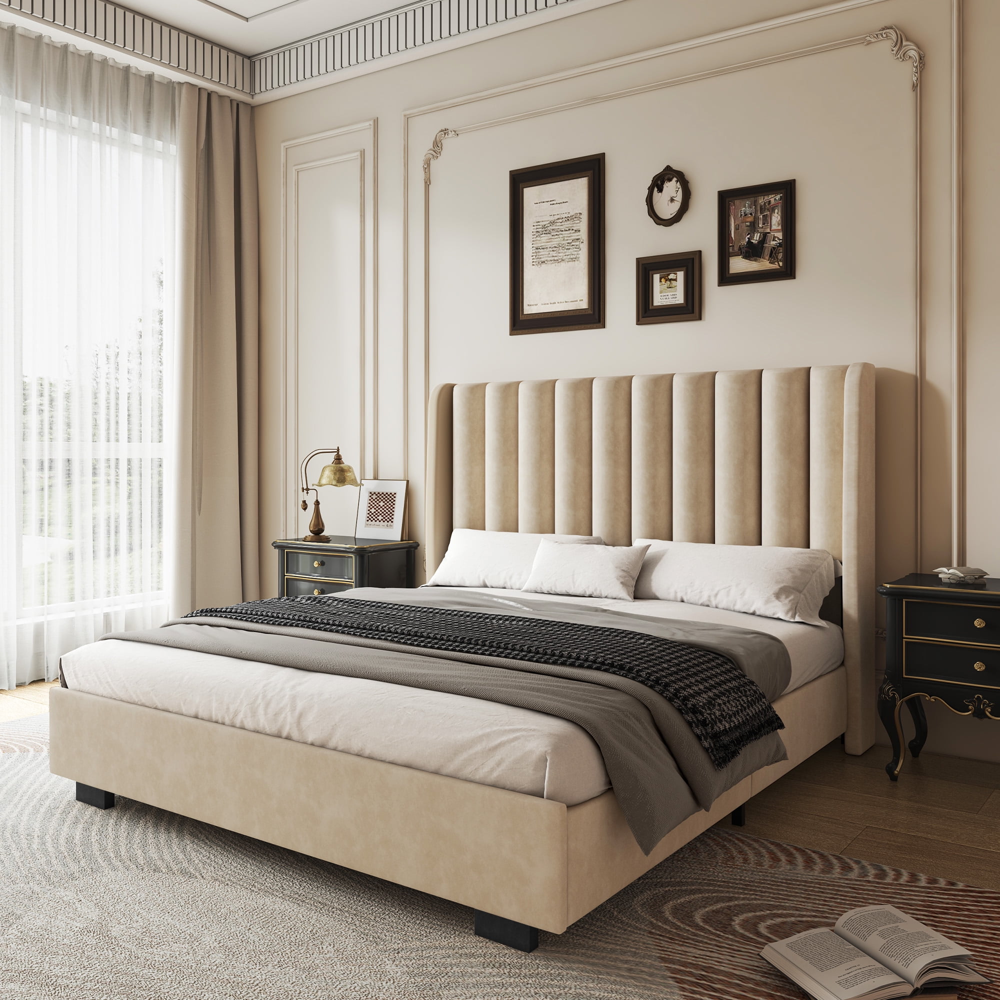 King Size Upholstered Lift Up Storage Bed Frame with 51" Tall Velvet Headboard, Wingback Platform Bed, Hydraulic Storage Base, No Box Spring Required, Noise-Free Double Low Profile Bed (King, Beige)