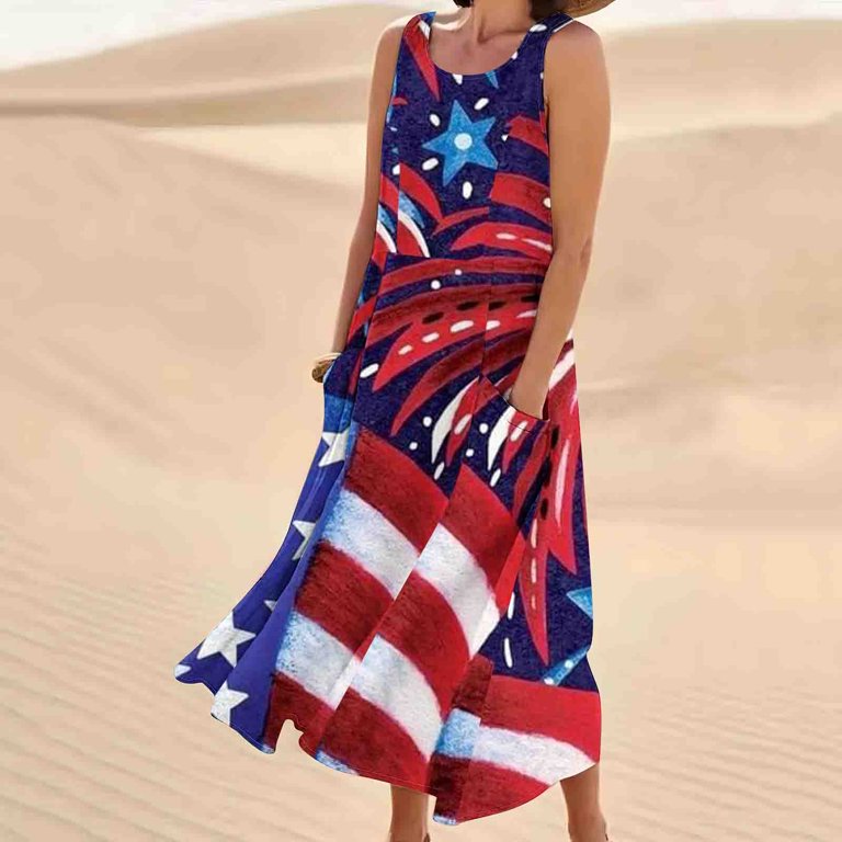 onlyliua Summer Saving Clearance Linen Dresses American Flag Dress