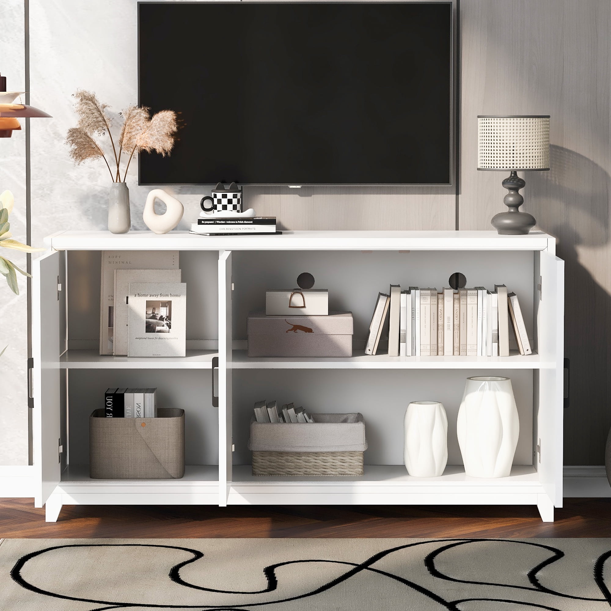 TV Stand for TVs up to 65 Inch with Geometric Doors and Adjustable Shelves, Media Console and Entertainment Center with Solid Wood Legs, White
