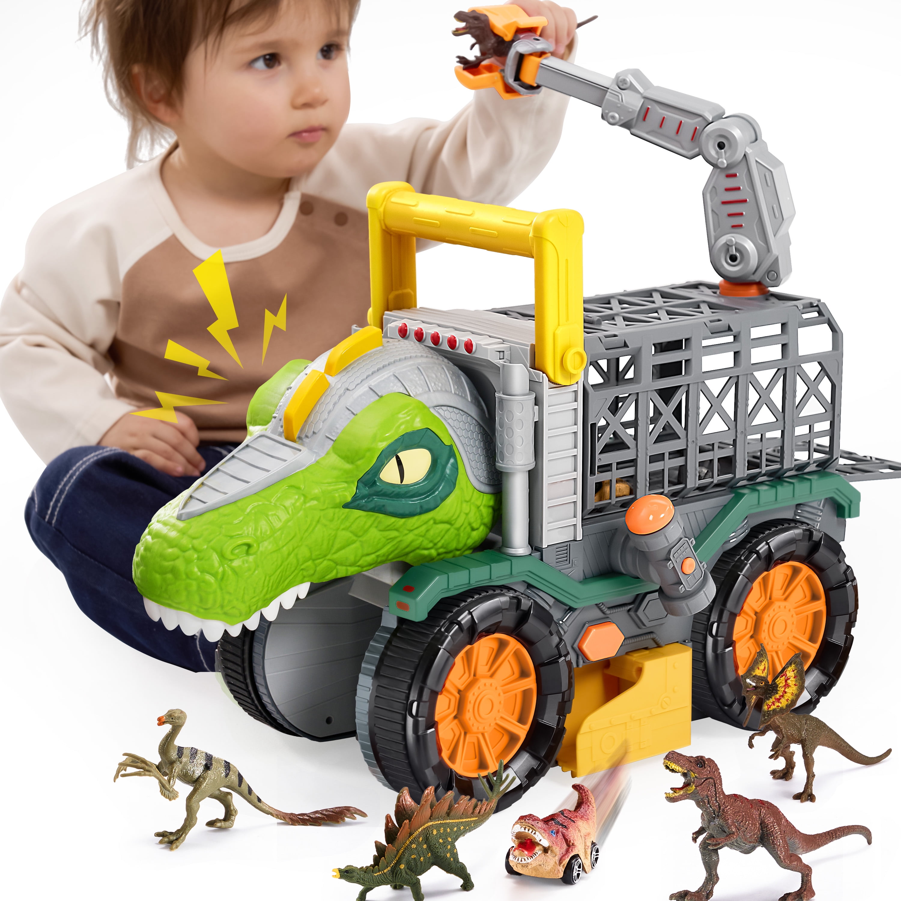 VROOMIX Kids Big Dinosaur Truck Toys with 8 Dino Figures, Crane Arm & Drive-Through Tunnel, Launching Chambers & Shooting Darts, Best Gifts for 3+ Year Old Boys & Girls