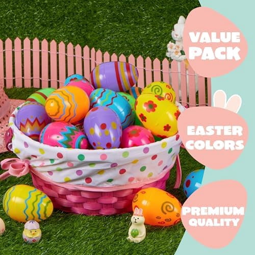 Toy 72 PCs Plastic Printed Bright Easter Eggs, Over 3.15'' Tall Fillable Empty Eggs Bulks for Easter Hunt, Basket Stuffers Fillers, Classroom Prize Supplies, Filling Treats and Party Favor