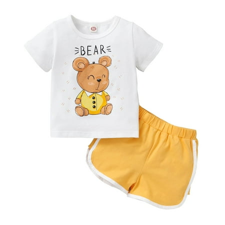 

6 Months Baby Girls Clothes 9 Months Girls 2PCS Summer Outfits Letter Bear Print Infant Girls Short Sleeve Shirt Top Shorts Set White
