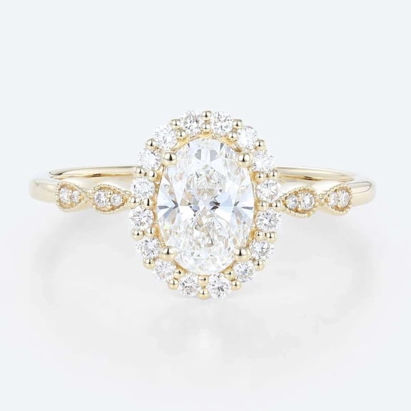vylahjewellery Vintage Pave Wedding Band Oval Cut Moissanite Halo Engagement Ring, 14K Yellow Gold Vermeil Ring, Promise Gift Proposal Jewelry
