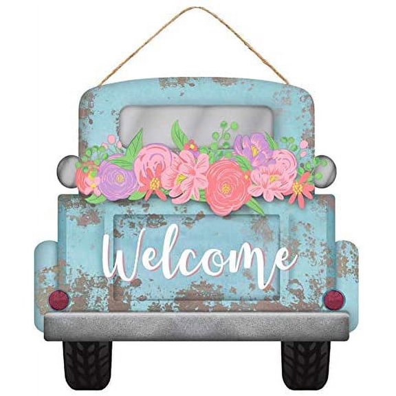 Easter Welcome Vintage Truck Sign - 12" x 11.5", Spring Flowers, Holiday Wreath, Front Door Decor