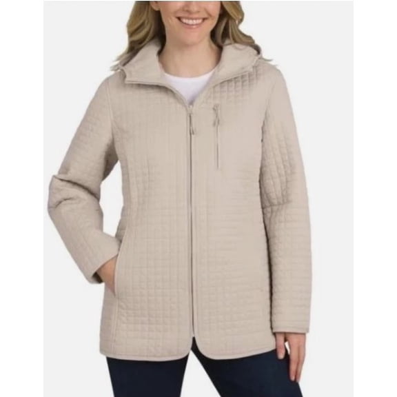 Lands’ End Women’s Quilted Hooded Jacket, Lightweight Warm Casual Coat, Tan, Size XL