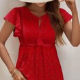 thumbnail image 2 of Mujer Volantes Manga Casquillo Ojal Top Corbata Cuello En V Color Puro Elegante Verano Blusa Casual Rojo S, 2 of 6