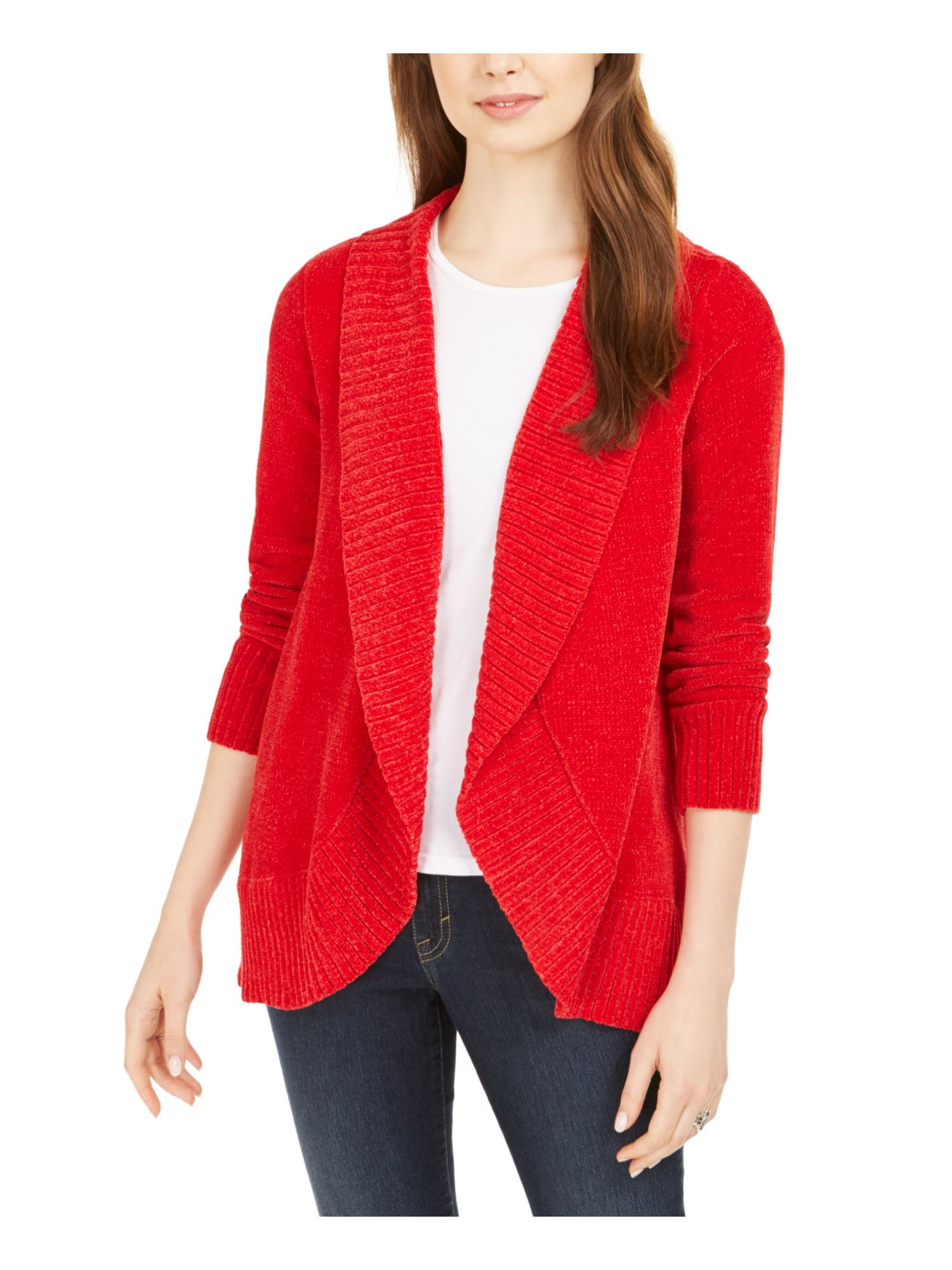 Style Company Womens Red Textured Ribbed Long Sleeve Open Cardigan