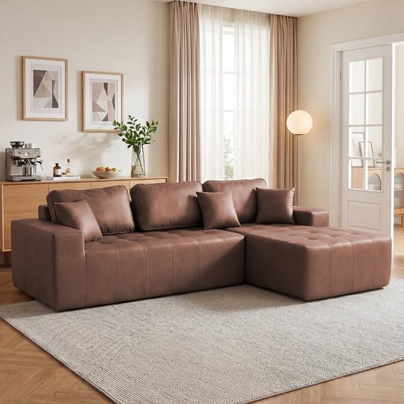 FFZ 108.27" Faux Leather L-Shaped Sectional Sofa Bed with Corner Chaise and High-Density Sponge, Dark Brown