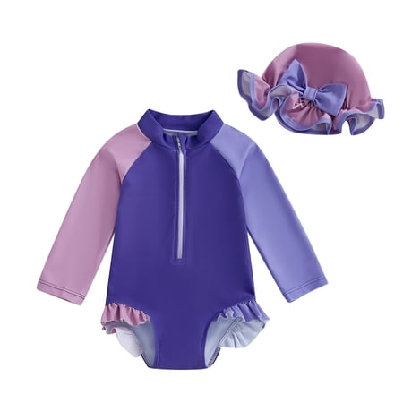 DGQPLPD Toddler Girls Swimsuit Long Sleeve Hooded Color Block Swimsuit UPF Sun Rash Guard Comfortable Toddler Swimwear Purple 0-3 Months