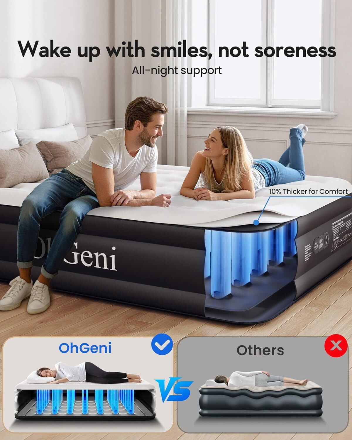 OhGeni Queen Air Mattress with Built in Pump, 18 Raised Blow Up Mattress, Low Noise Surface Portable Air Bed for Home and Guest, Inflatable Mattress, Black