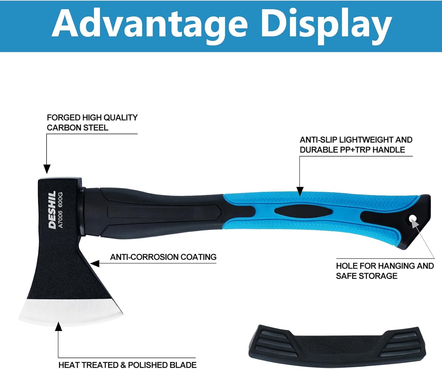 Chopping Axe, 15”Outdoor Hatchet Forged Carbon Steel Heat Ted Hand Maul Tool, Fiberglass Shock Reduction Handle with Anti-Slip Grip, Blue