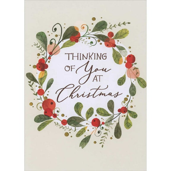 Designer Greetings Thinking of You Wreath of Holly Berries and Green Leaves Box of 15 Christmas Cards