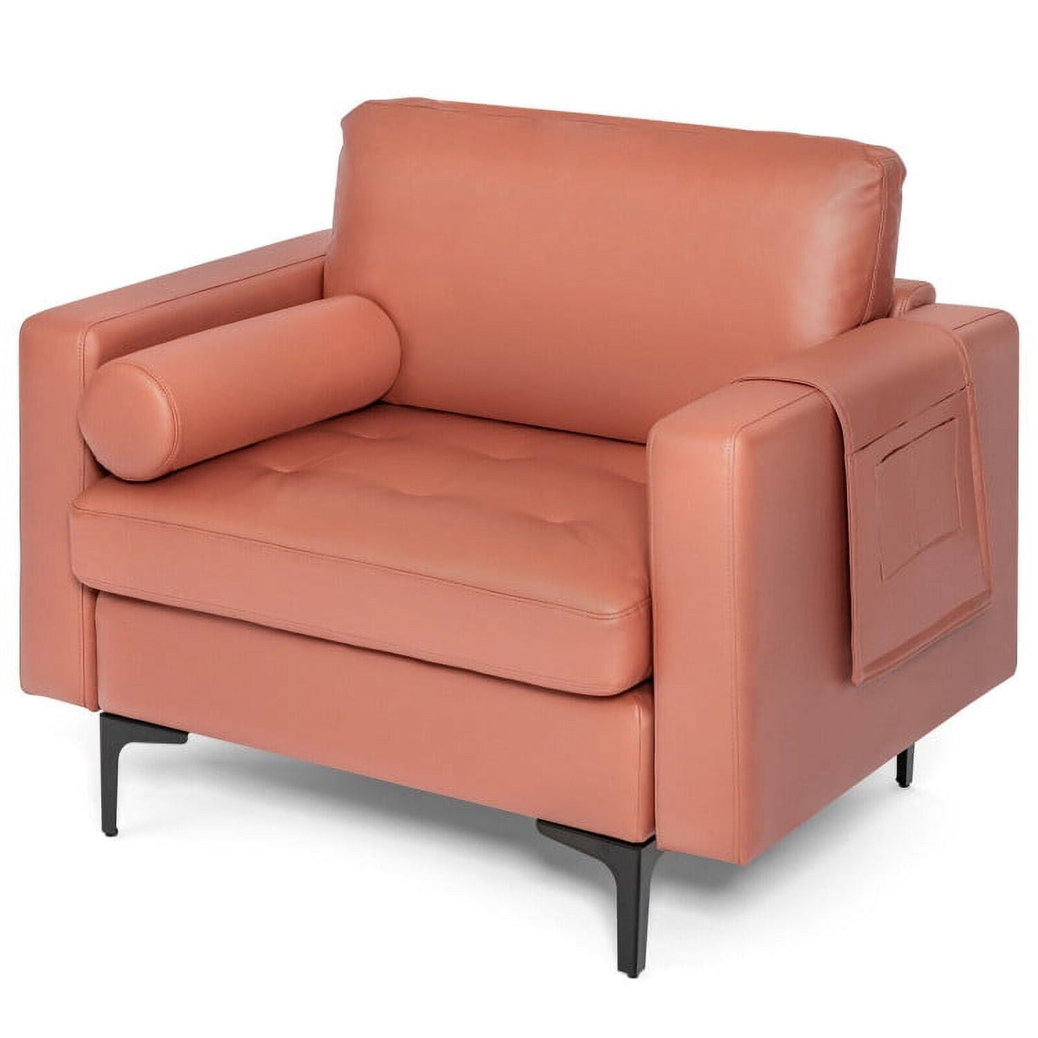 Finihen Upholstered Accent Chair, Modern Accent Chair with Bolster and Side Storage Pocket, for Living Room, Bedroom, Pink