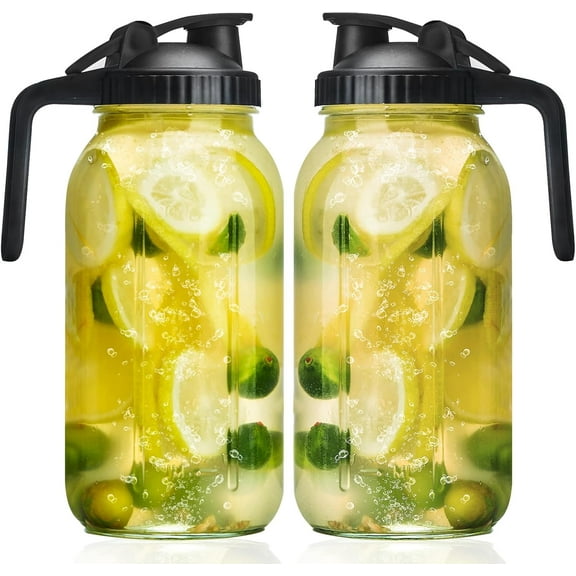 SUMMIT Glass Mason Jars Pitcher 64 Oz Pour Spout Lids & Handle (2 Pack) Wide Mouth Airtight Leak Proof Fridge Breast Milk Pitcher With Top Flip Cap 2 Quart Water Jug For Cold Brew Coffee, Iced Tea,