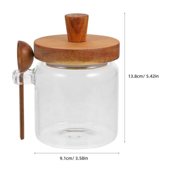 HOOWIFFY 16oz Glass and Wood Honey Pot with Dipper and Lid, Multi-Color, Convenient Home Kitchen Storage Jar