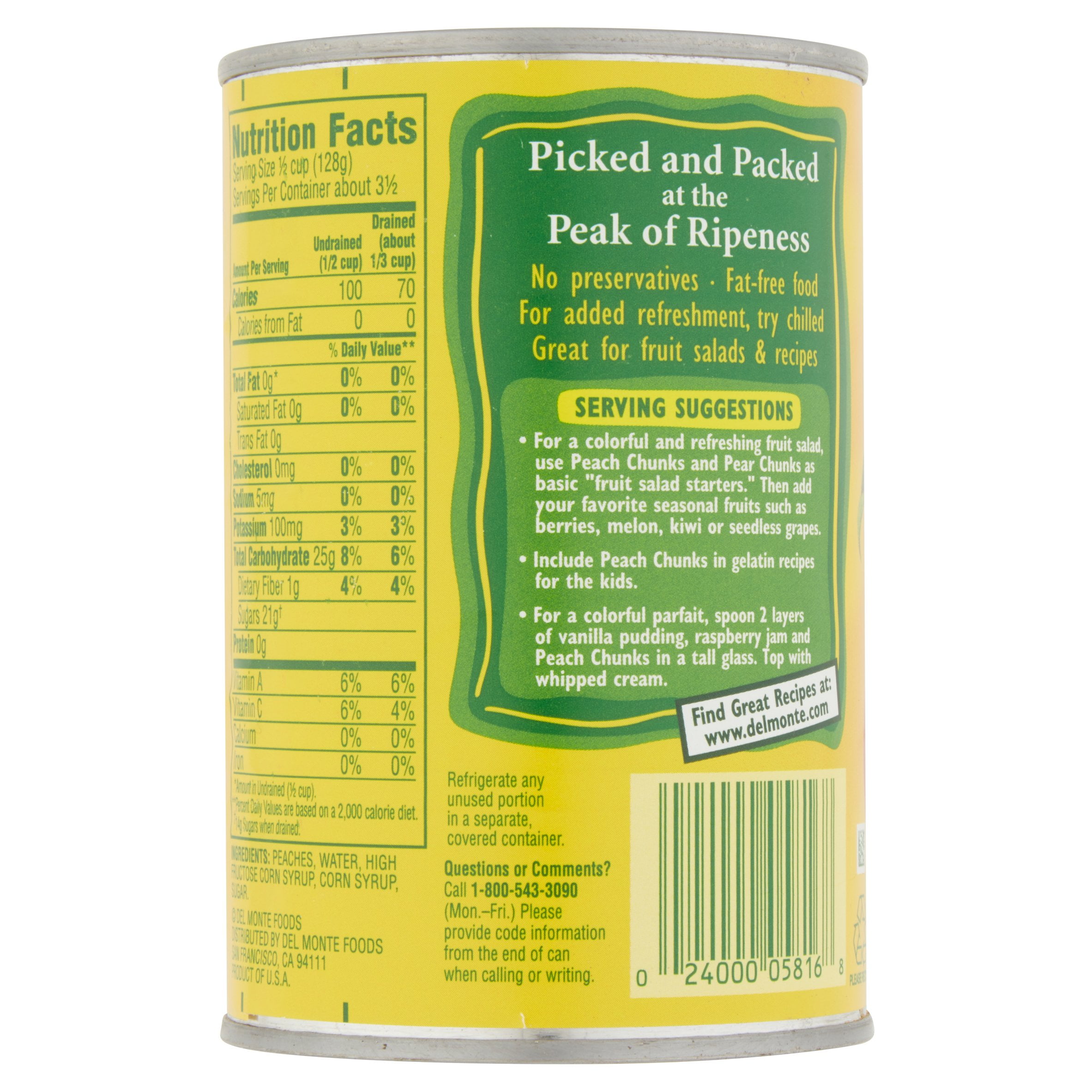 Del Monte Yellow Cling Peach Chunks Canned Fruit 15.25 oz Can (Pack of 4)