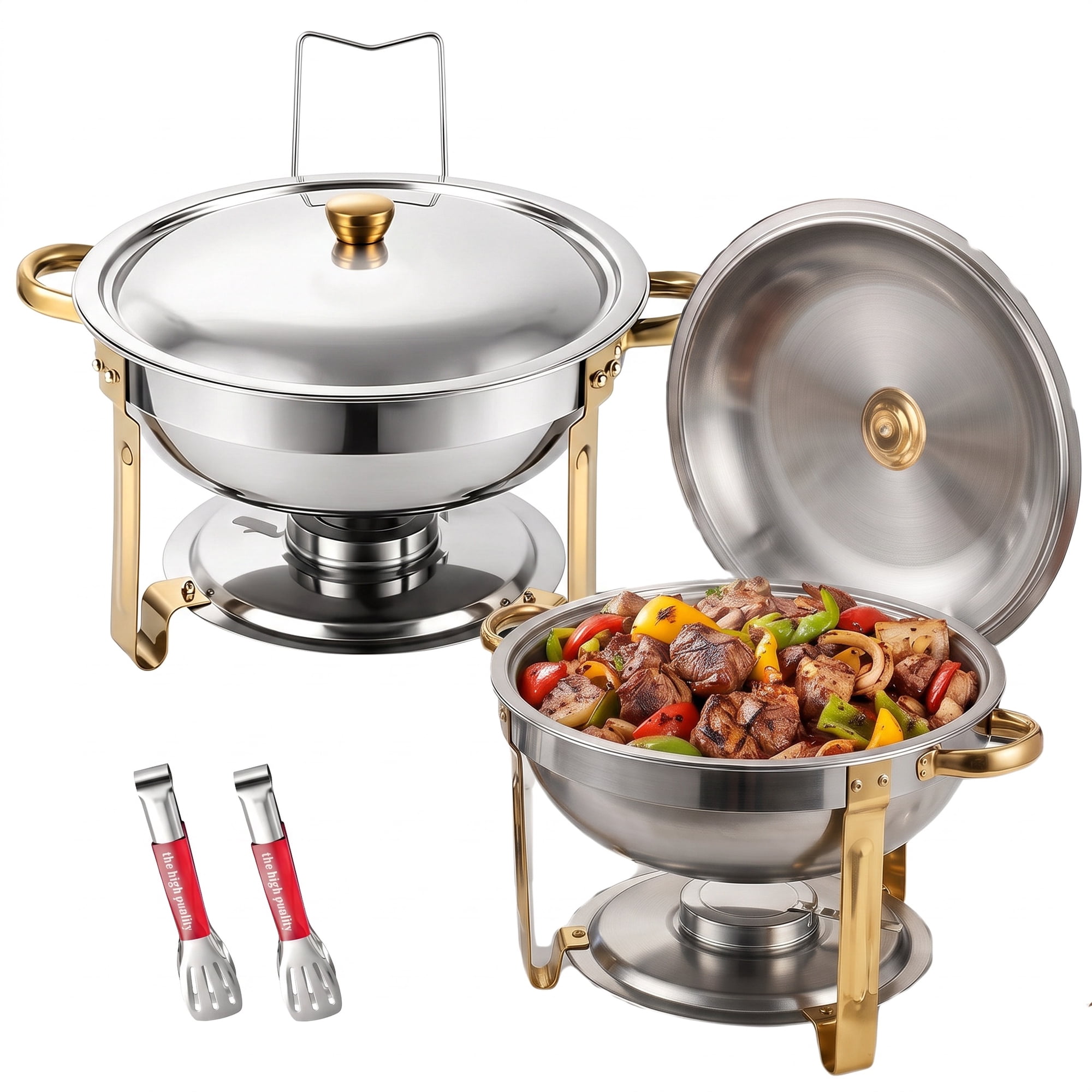 TOPCHANCES 2-Pack Chafing Dish Buffet Set, 5QT Stainless Steel Chafing Dishes for Buffet, Round Chafers and Buffet Warmers Sets with Stand & Lid Holder for Parties, Wedding, Gatherings (Silver&Gold)