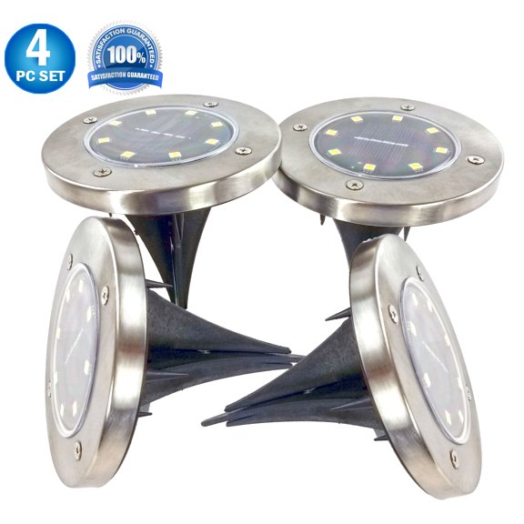 Solar Disk Powered Path Ground Lawn Lights 8 Ultra Bright LED's - Outdoor/Indoor Waterproof Flush Garden Landscape Spike Yard Lights - 4 Pack - Bright White