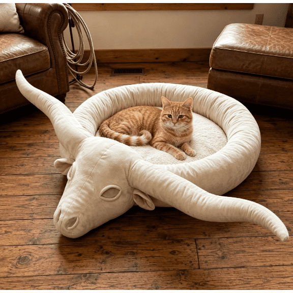 Longhorn Lounger Pet Bed, Novelty Freestanding Floor Pet Nest with Sherpa Lined Sleeping Area