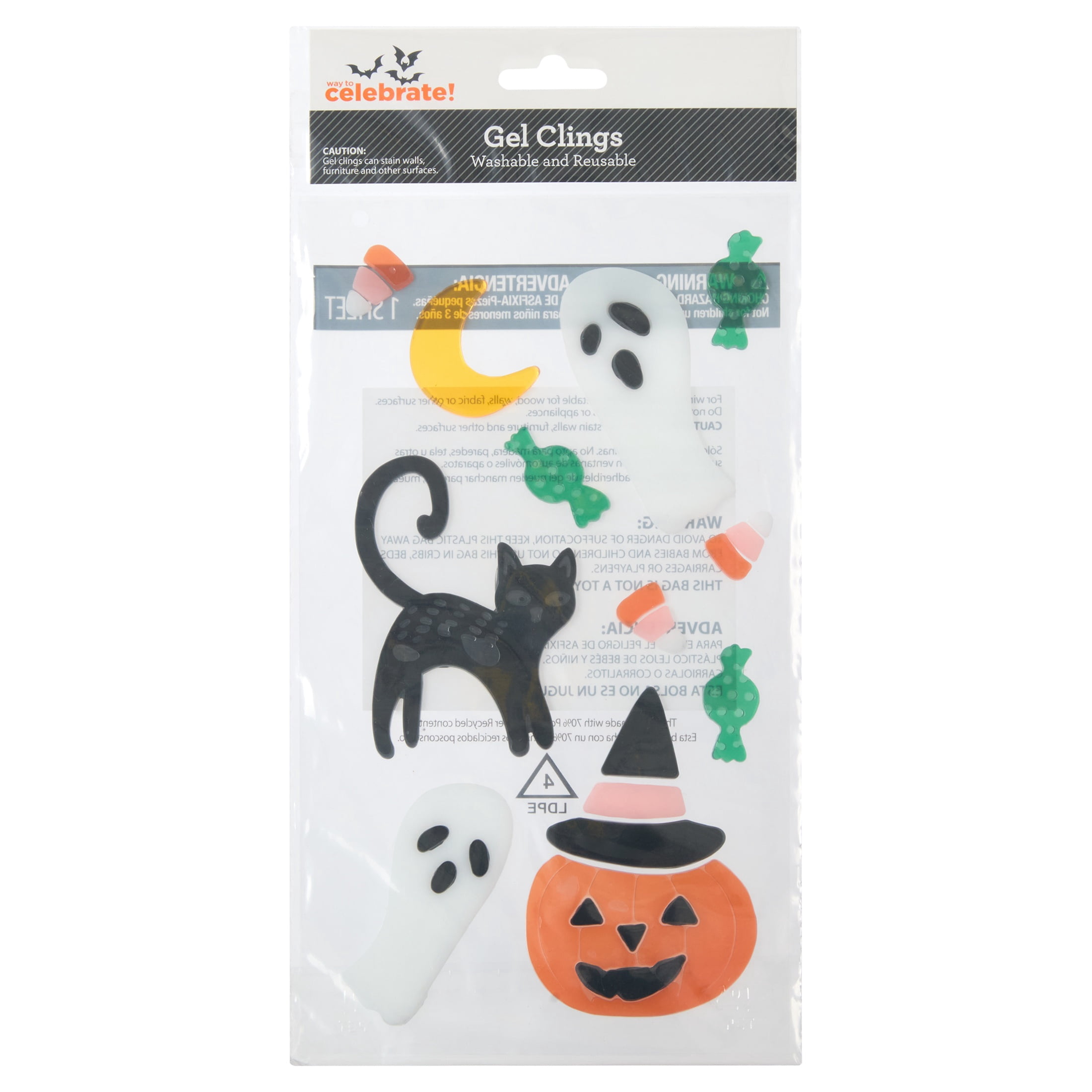 Ghosts and Cat Gel Clings, Multicolor, 5.5" x 12.1", Halloween by Way To Celebrate